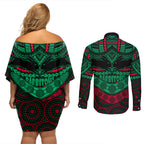 rabbitohs-rugby-couples-matching-off-shoulder-short-dress-and-long-sleeve-button-shirts-polynesian-and-aboriginal-special-version