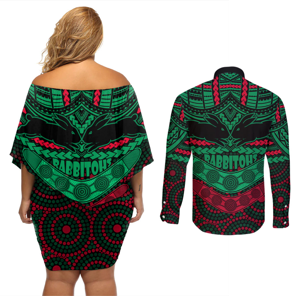 rabbitohs-rugby-couples-matching-off-shoulder-short-dress-and-long-sleeve-button-shirts-polynesian-and-aboriginal-special-version