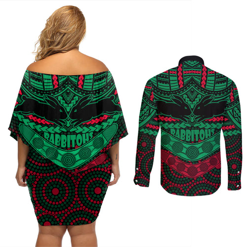 rabbitohs-rugby-couples-matching-off-shoulder-short-dress-and-long-sleeve-button-shirts-polynesian-and-aboriginal-special-version