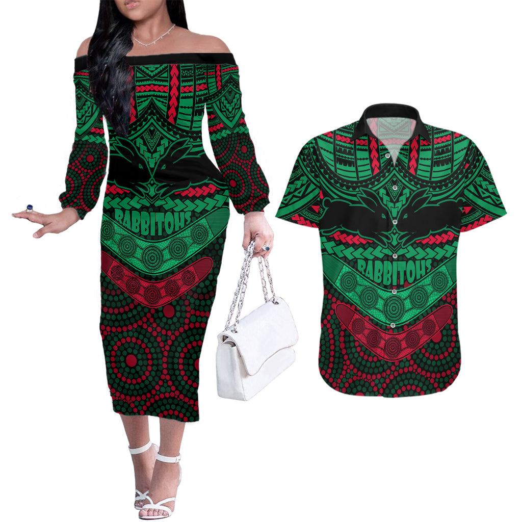 rabbitohs-rugby-couples-matching-off-the-shoulder-long-sleeve-dress-and-hawaiian-shirt-polynesian-and-aboriginal-special-version