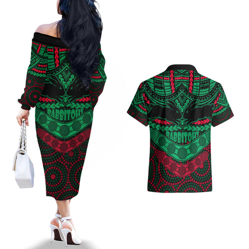 rabbitohs-rugby-couples-matching-off-the-shoulder-long-sleeve-dress-and-hawaiian-shirt-polynesian-and-aboriginal-special-version
