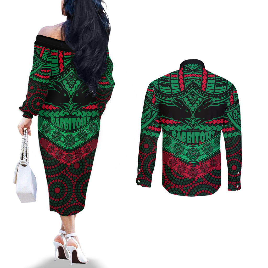 rabbitohs-rugby-couples-matching-off-the-shoulder-long-sleeve-dress-and-long-sleeve-button-shirts-polynesian-and-aboriginal-special-version