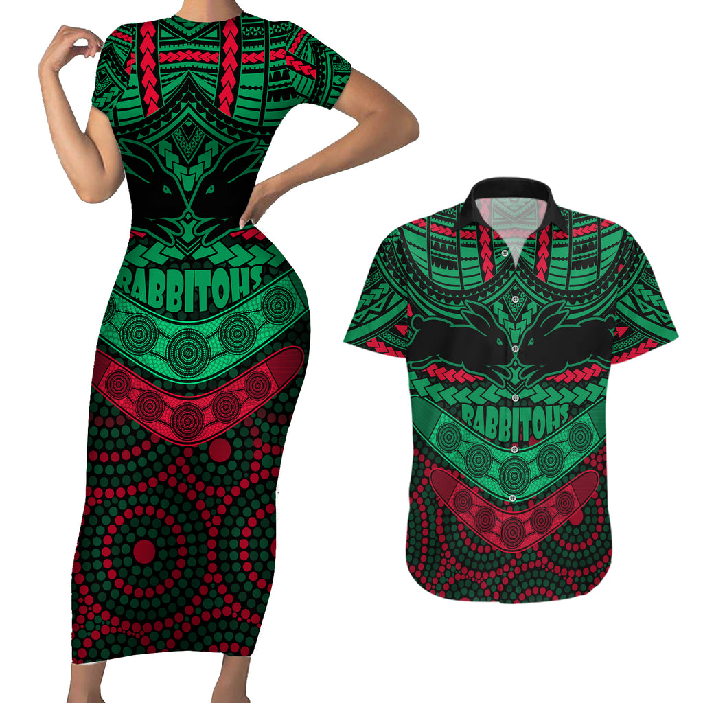 rabbitohs-rugby-couples-matching-short-sleeve-bodycon-dress-and-hawaiian-shirt-polynesian-and-aboriginal-special-version