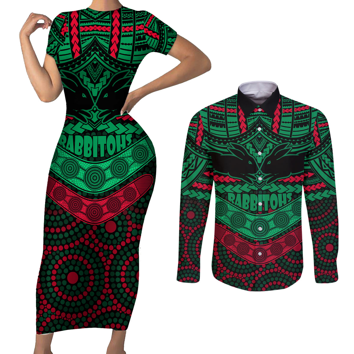 rabbitohs-rugby-couples-matching-short-sleeve-bodycon-dress-and-long-sleeve-button-shirts-polynesian-and-aboriginal-special-version