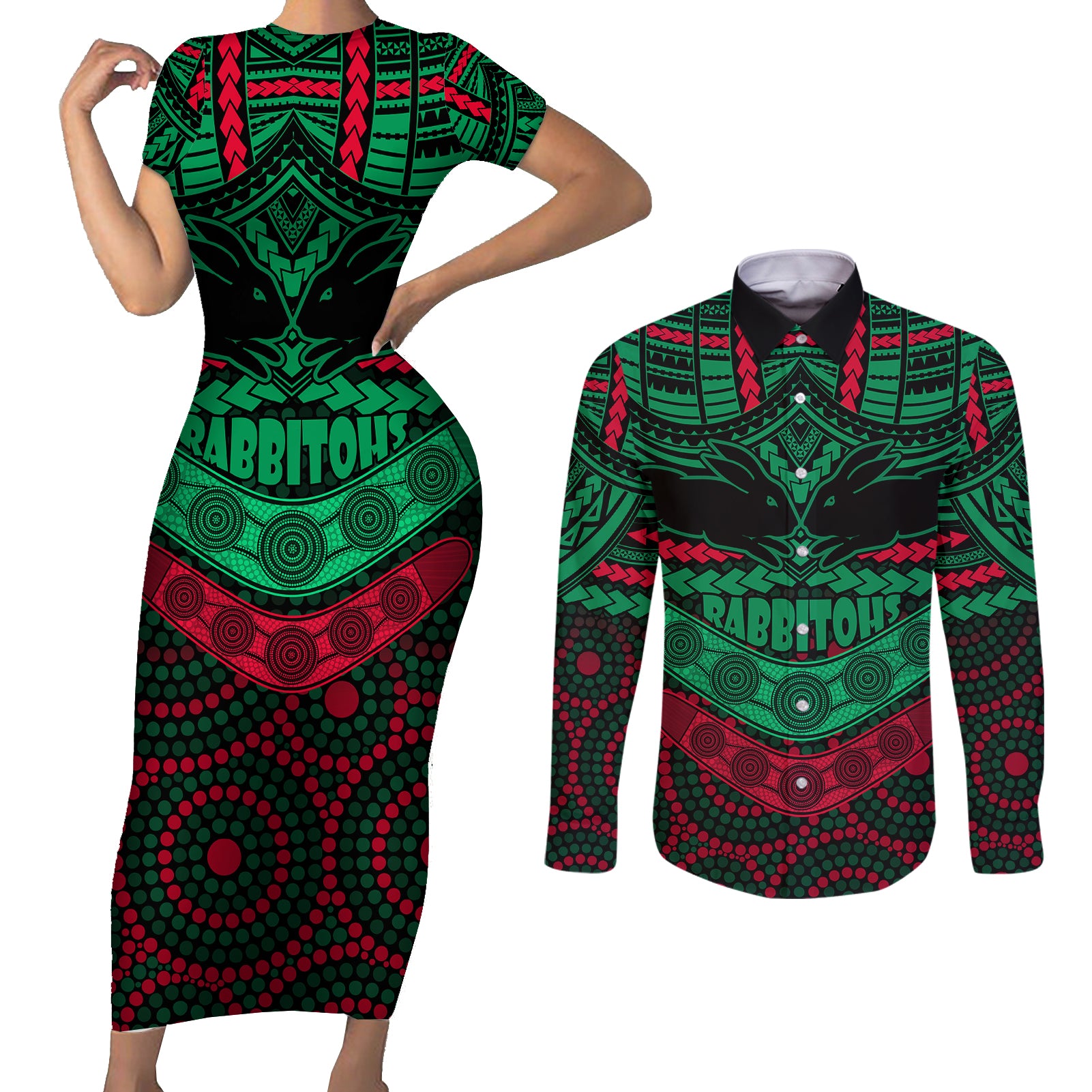 rabbitohs-rugby-couples-matching-short-sleeve-bodycon-dress-and-long-sleeve-button-shirts-polynesian-and-aboriginal-special-version