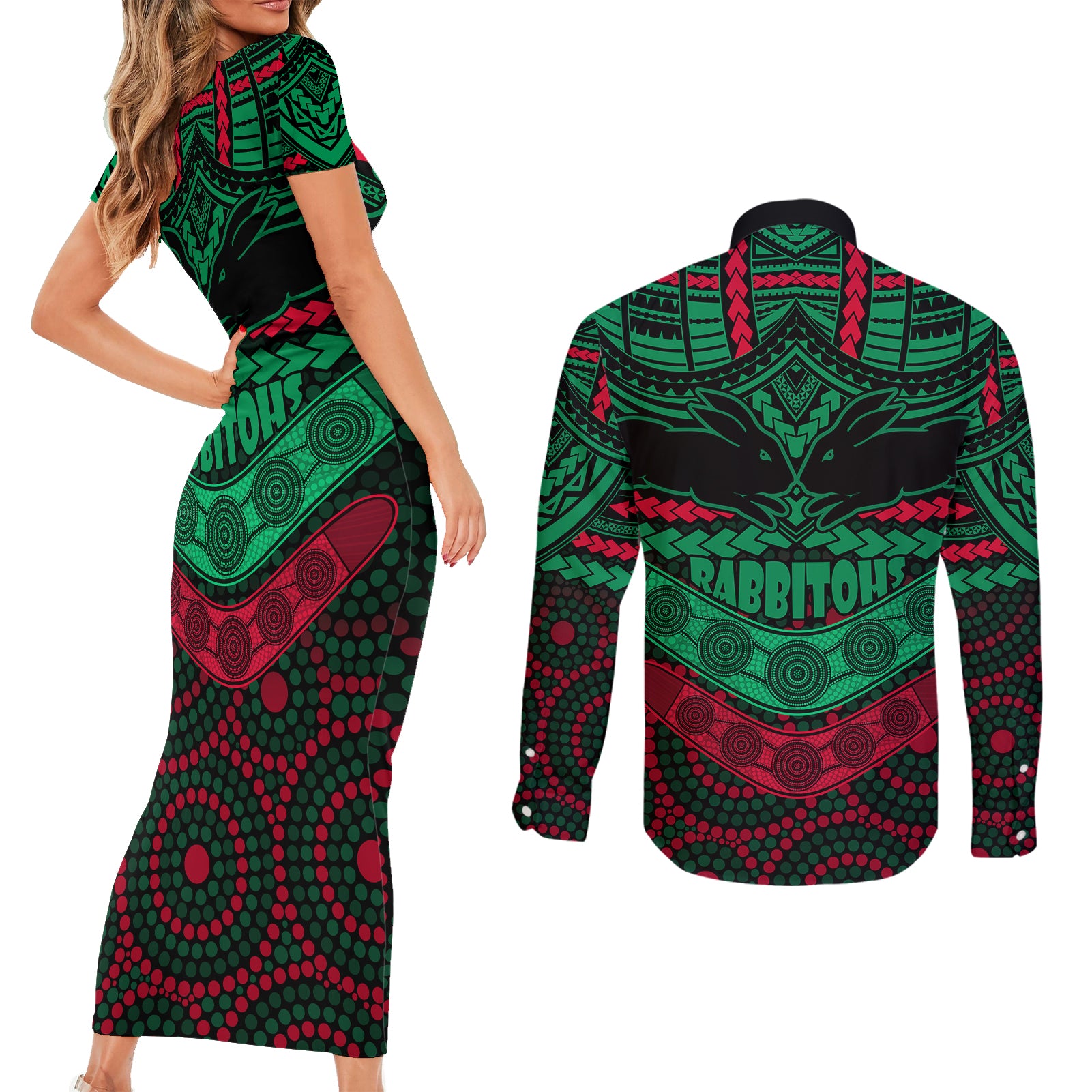 rabbitohs-rugby-couples-matching-short-sleeve-bodycon-dress-and-long-sleeve-button-shirts-polynesian-and-aboriginal-special-version