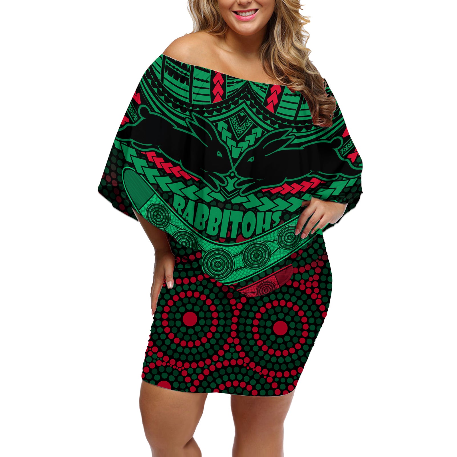 rabbitohs-rugby-off-shoulder-short-dress-polynesian-and-aboriginal-special-version