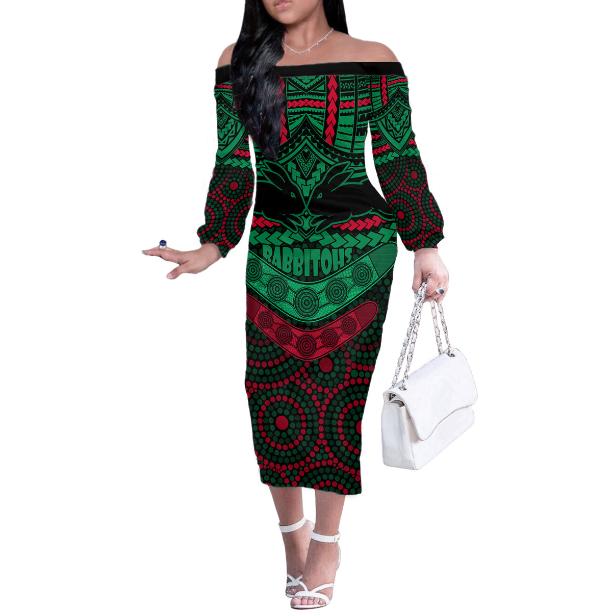 rabbitohs-rugby-off-the-shoulder-long-sleeve-dress-polynesian-and-aboriginal-special-version