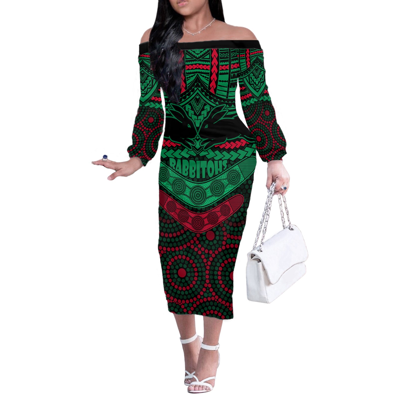 rabbitohs-rugby-off-the-shoulder-long-sleeve-dress-polynesian-and-aboriginal-special-version
