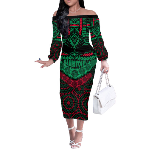 rabbitohs-rugby-off-the-shoulder-long-sleeve-dress-polynesian-and-aboriginal-special-version