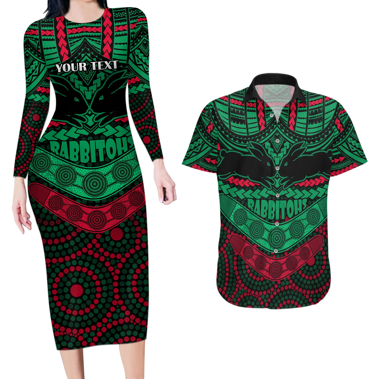 custom-rabbitohs-rugby-couples-matching-long-sleeve-bodycon-dress-and-hawaiian-shirt-polynesian-and-aboriginal-special-version