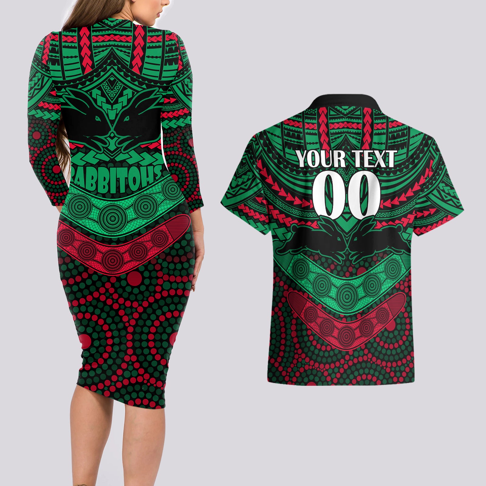 custom-rabbitohs-rugby-couples-matching-long-sleeve-bodycon-dress-and-hawaiian-shirt-polynesian-and-aboriginal-special-version