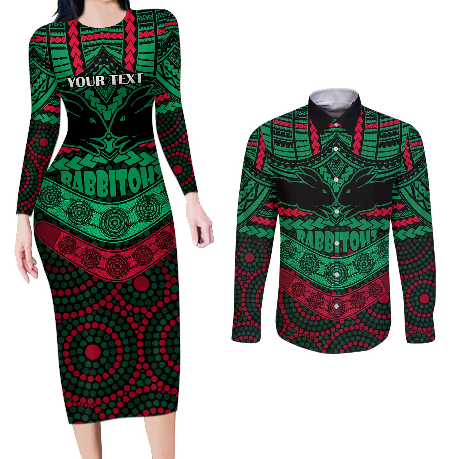 custom-rabbitohs-rugby-couples-matching-long-sleeve-bodycon-dress-and-long-sleeve-button-shirts-polynesian-and-aboriginal-special-version