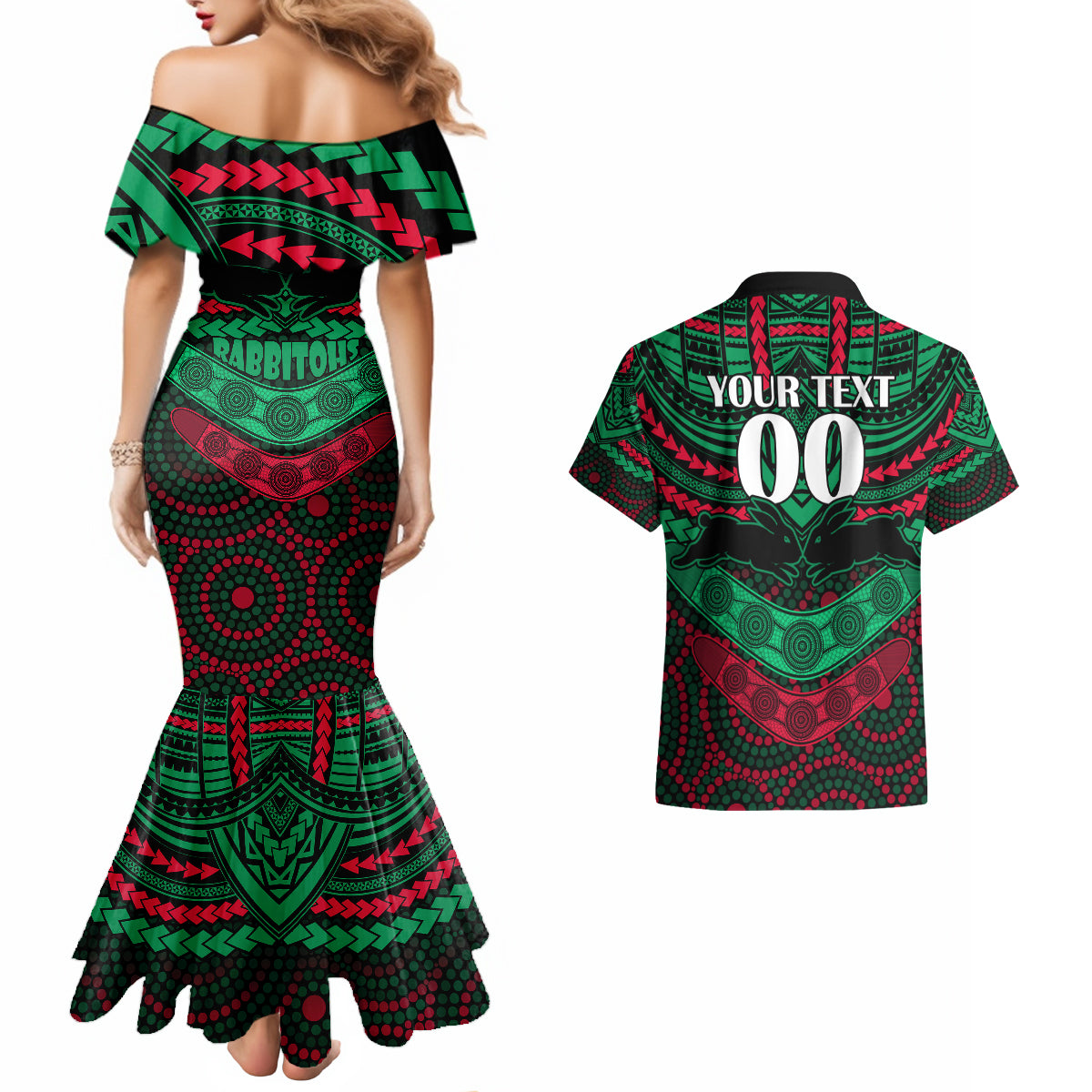 custom-rabbitohs-rugby-couples-matching-mermaid-dress-and-hawaiian-shirt-polynesian-and-aboriginal-special-version