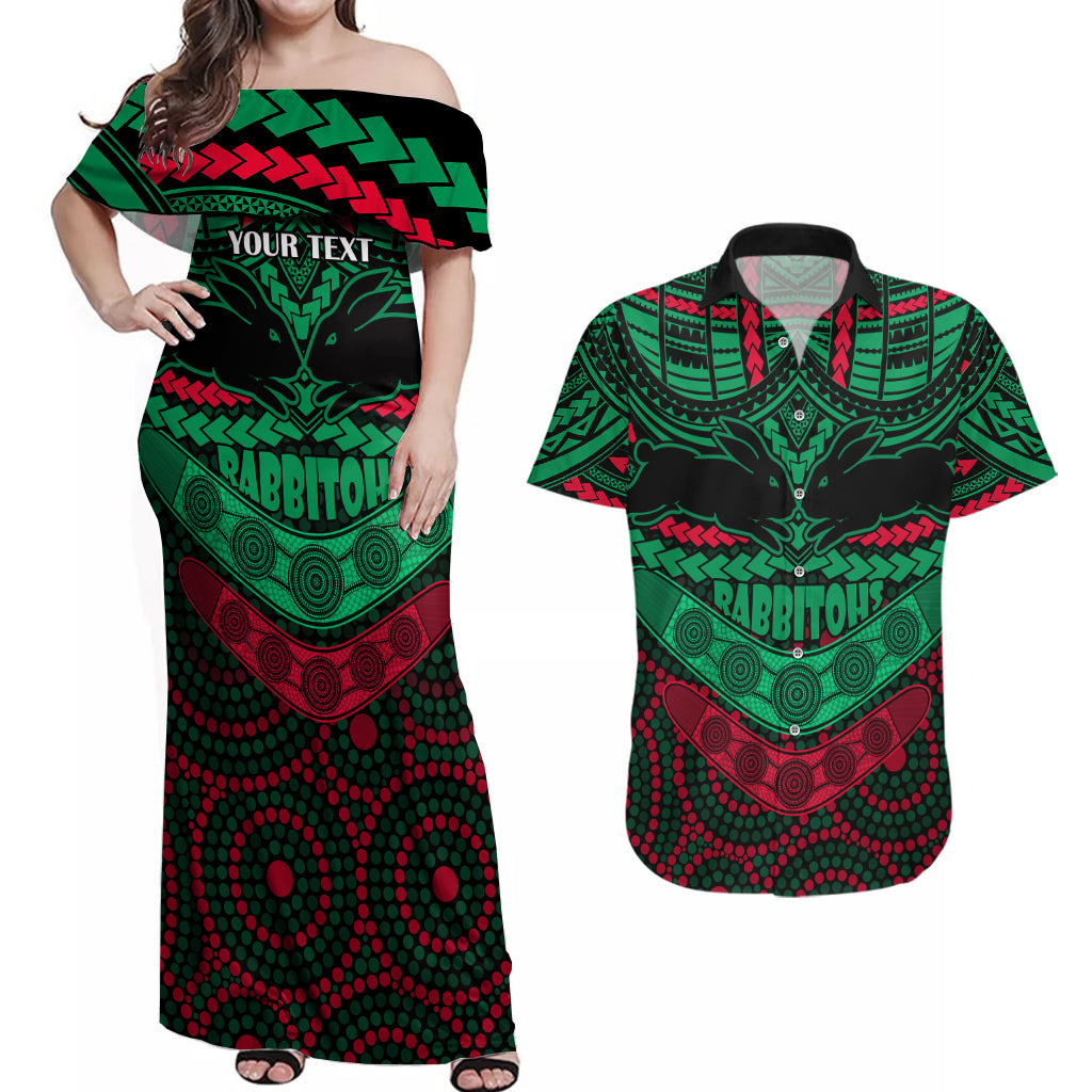 custom-rabbitohs-rugby-couples-matching-off-shoulder-maxi-dress-and-hawaiian-shirt-polynesian-and-aboriginal-special-version