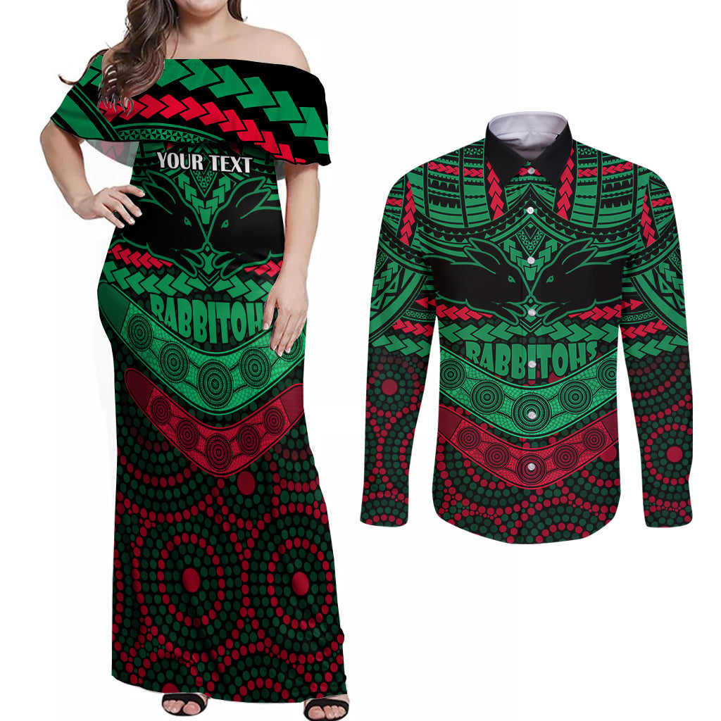 custom-rabbitohs-rugby-couples-matching-off-shoulder-maxi-dress-and-long-sleeve-button-shirts-polynesian-and-aboriginal-special-version