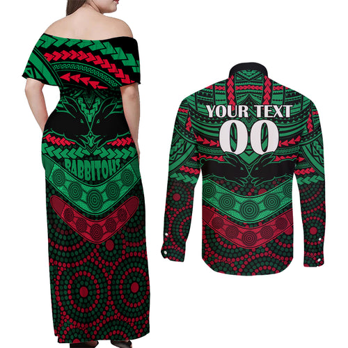custom-rabbitohs-rugby-couples-matching-off-shoulder-maxi-dress-and-long-sleeve-button-shirts-polynesian-and-aboriginal-special-version