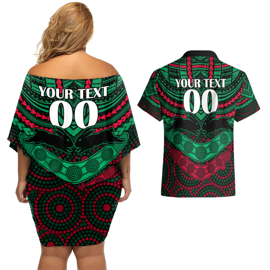 custom-rabbitohs-rugby-couples-matching-off-shoulder-short-dress-and-hawaiian-shirt-polynesian-and-aboriginal-special-version