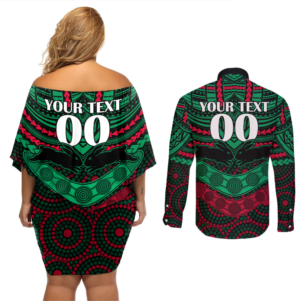 custom-rabbitohs-rugby-couples-matching-off-shoulder-short-dress-and-long-sleeve-button-shirts-polynesian-and-aboriginal-special-version