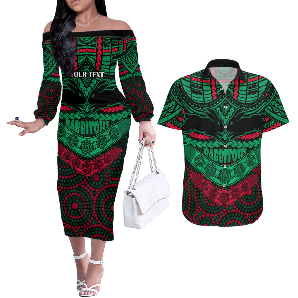 custom-rabbitohs-rugby-couples-matching-off-the-shoulder-long-sleeve-dress-and-hawaiian-shirt-polynesian-and-aboriginal-special-version
