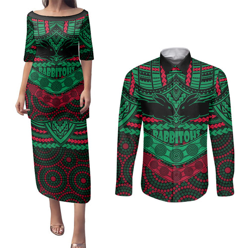 custom-rabbitohs-rugby-couples-matching-puletasi-dress-and-long-sleeve-button-shirts-polynesian-and-aboriginal-special-version