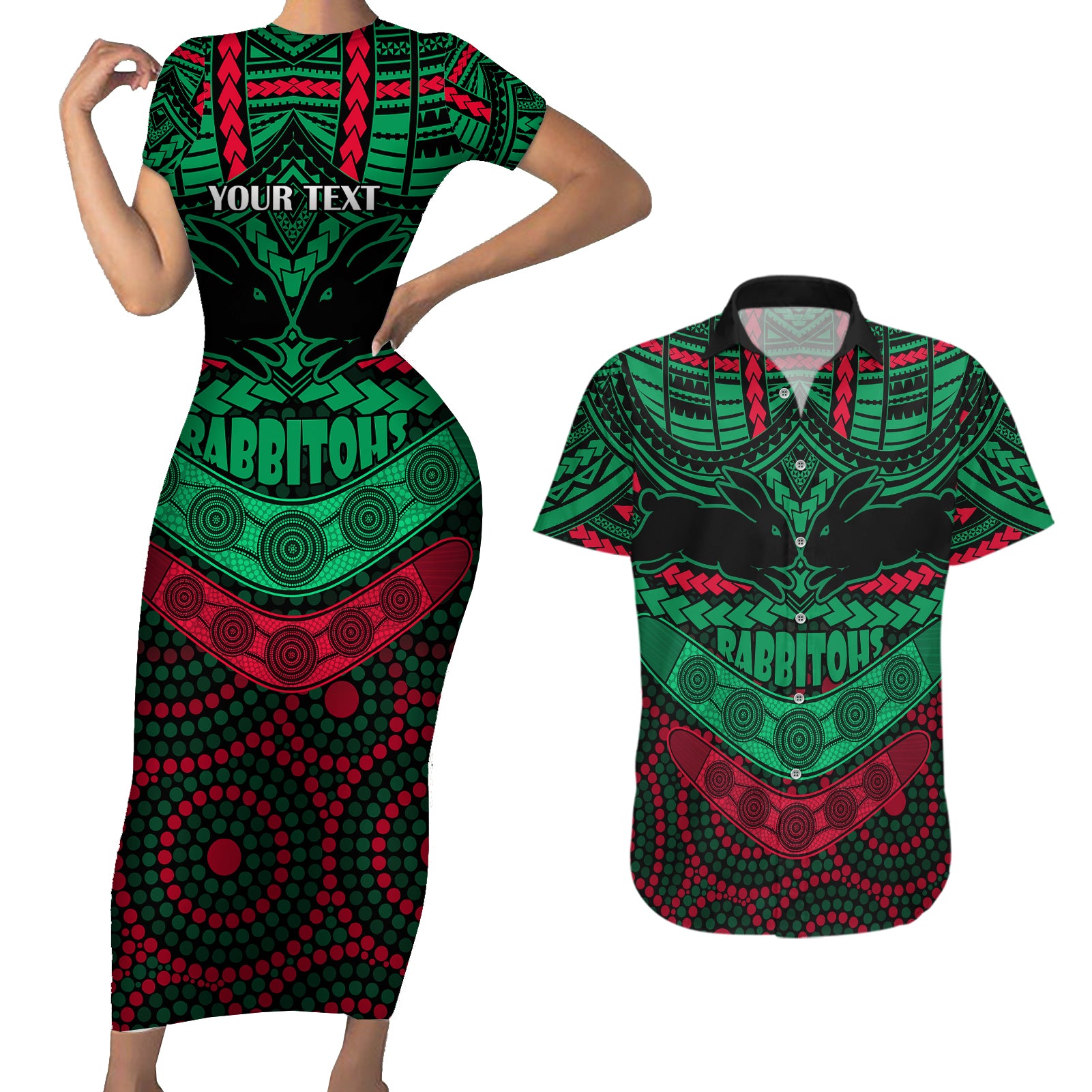 custom-rabbitohs-rugby-couples-matching-short-sleeve-bodycon-dress-and-hawaiian-shirt-polynesian-and-aboriginal-special-version