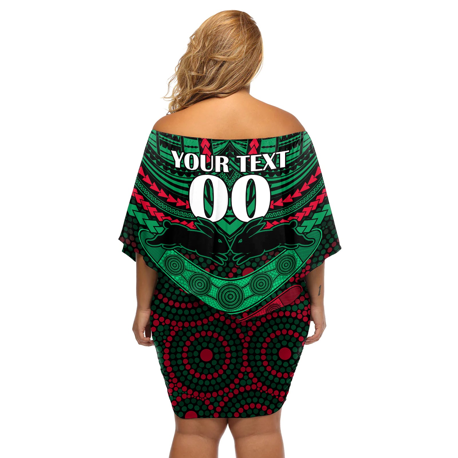 custom-rabbitohs-rugby-off-shoulder-short-dress-polynesian-and-aboriginal-special-version