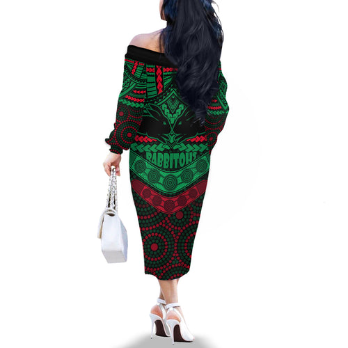 custom-rabbitohs-rugby-off-the-shoulder-long-sleeve-dress-polynesian-and-aboriginal-special-version