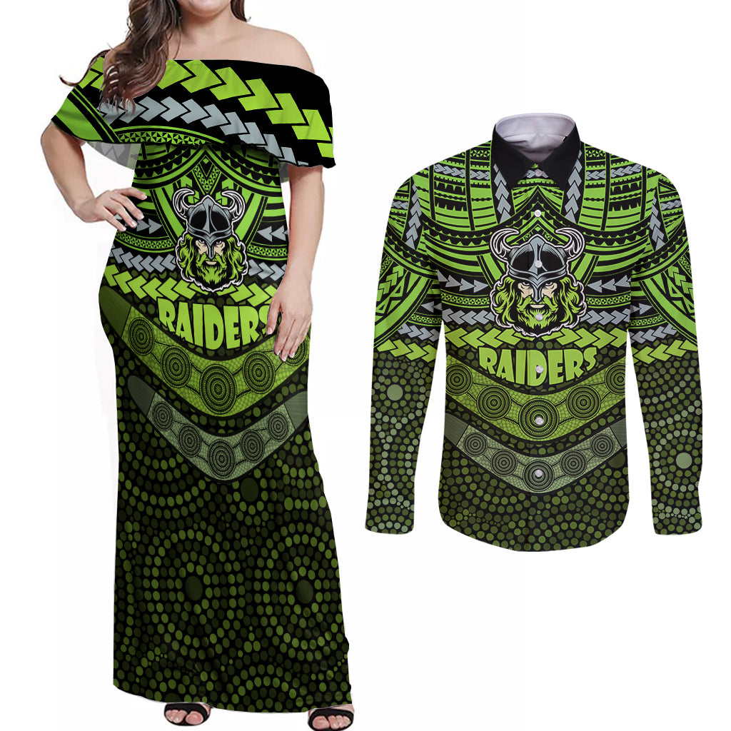 raiders-rugby-couples-matching-off-shoulder-maxi-dress-and-long-sleeve-button-shirts-polynesian-and-aboriginal-special-version