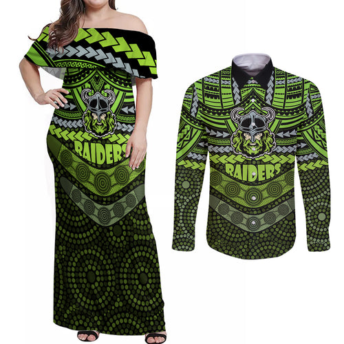 raiders-rugby-couples-matching-off-shoulder-maxi-dress-and-long-sleeve-button-shirts-polynesian-and-aboriginal-special-version