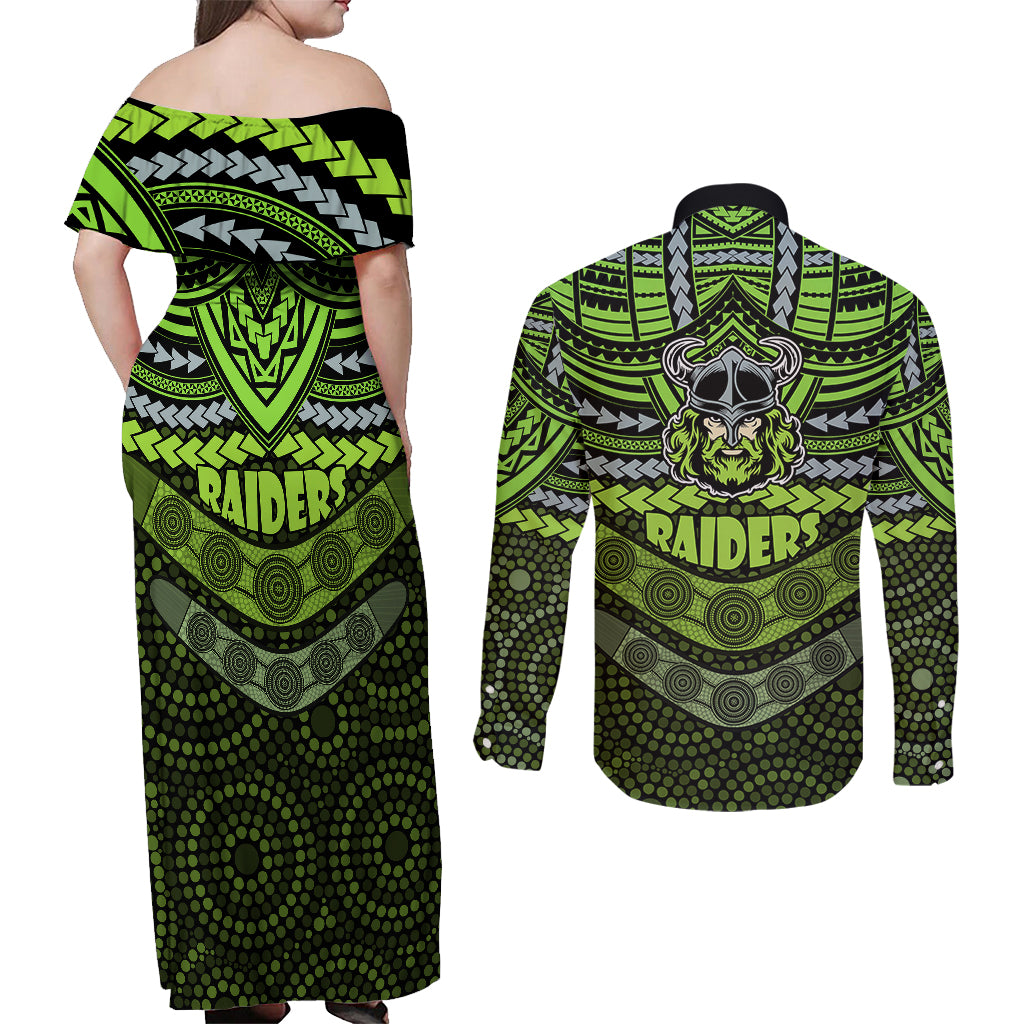 raiders-rugby-couples-matching-off-shoulder-maxi-dress-and-long-sleeve-button-shirts-polynesian-and-aboriginal-special-version