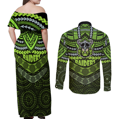 raiders-rugby-couples-matching-off-shoulder-maxi-dress-and-long-sleeve-button-shirts-polynesian-and-aboriginal-special-version