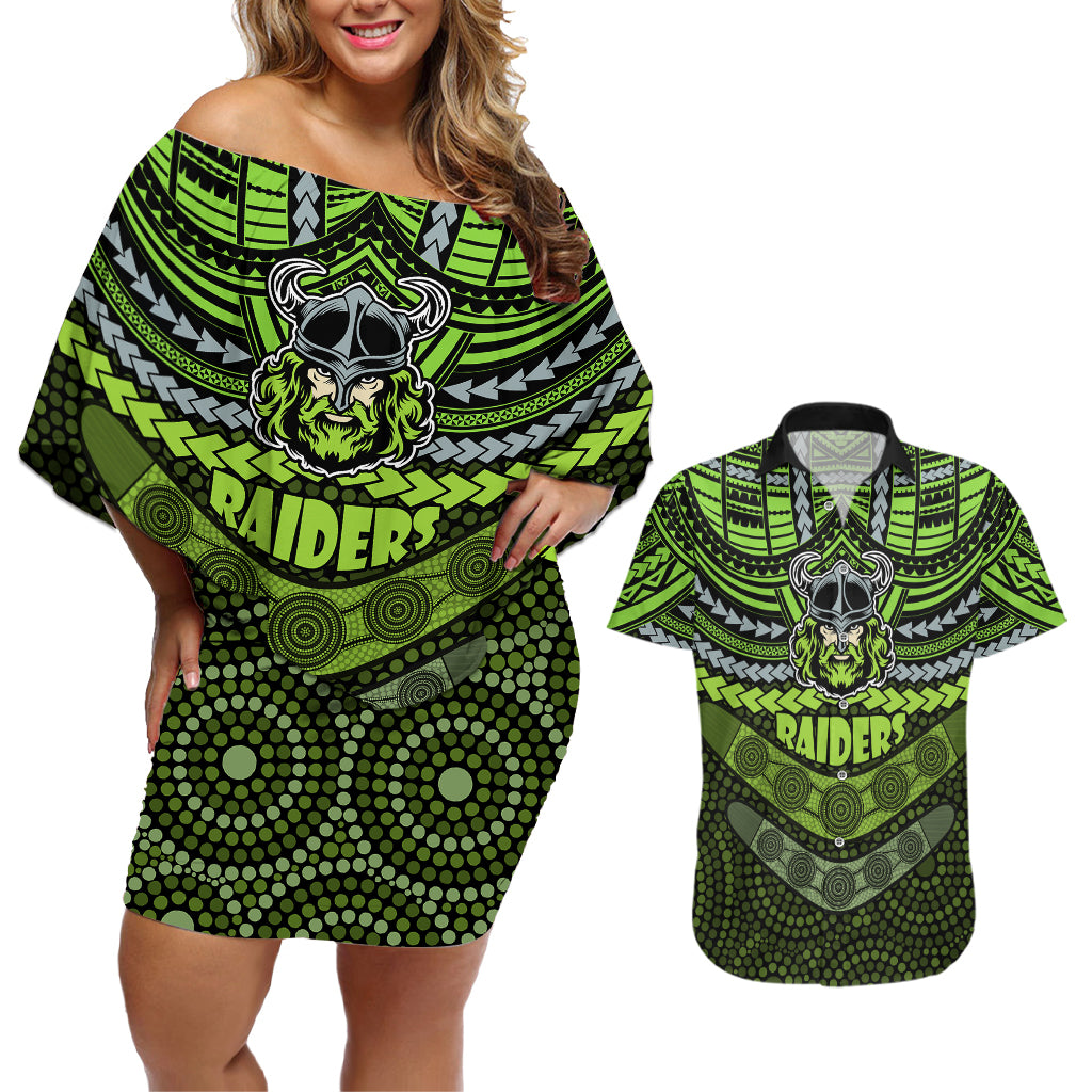raiders-rugby-couples-matching-off-shoulder-short-dress-and-hawaiian-shirt-polynesian-and-aboriginal-special-version