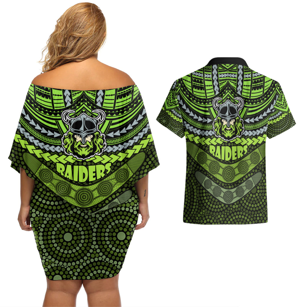 raiders-rugby-couples-matching-off-shoulder-short-dress-and-hawaiian-shirt-polynesian-and-aboriginal-special-version