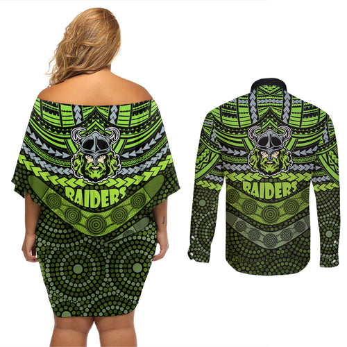 raiders-rugby-couples-matching-off-shoulder-short-dress-and-long-sleeve-button-shirts-polynesian-and-aboriginal-special-version