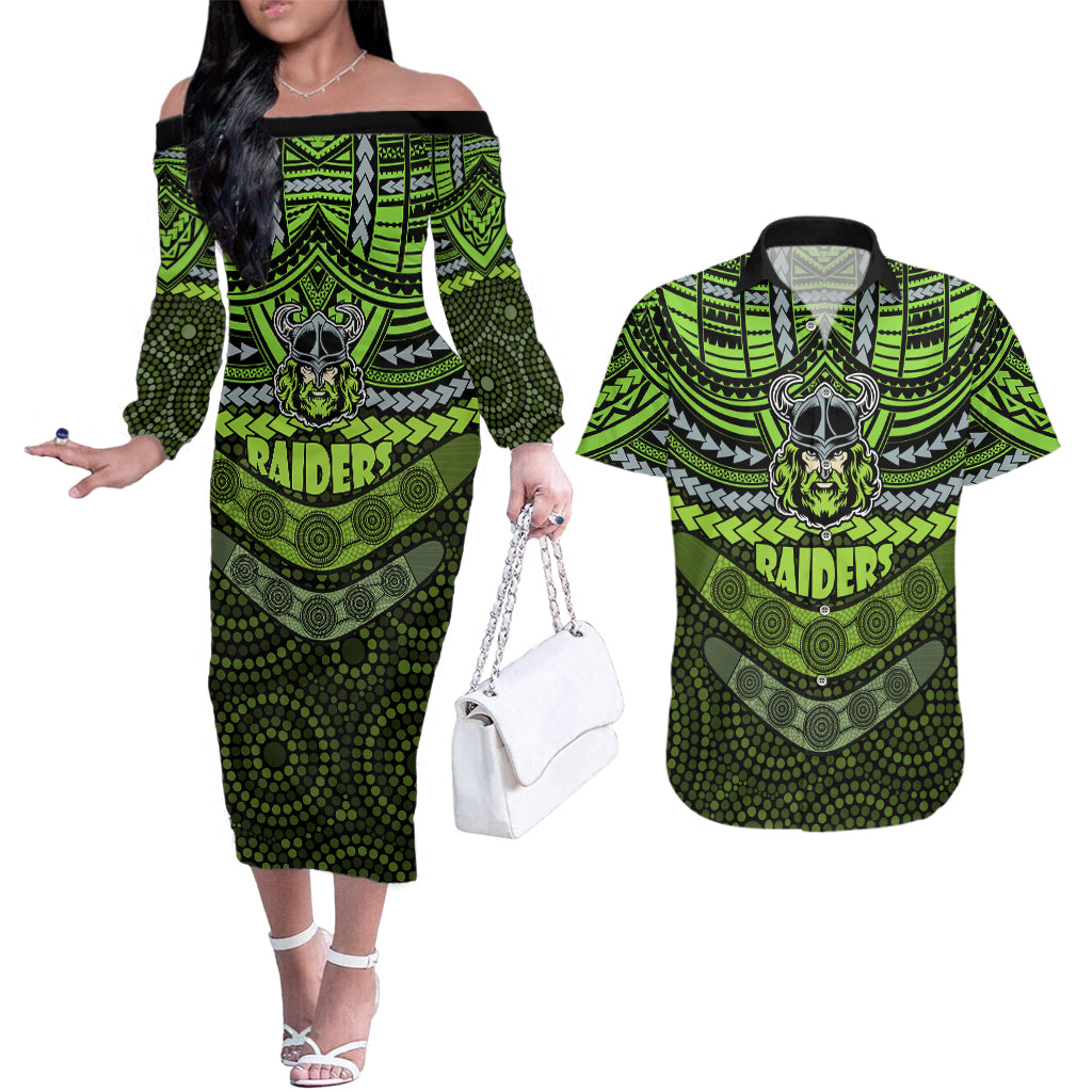 raiders-rugby-couples-matching-off-the-shoulder-long-sleeve-dress-and-hawaiian-shirt-polynesian-and-aboriginal-special-version