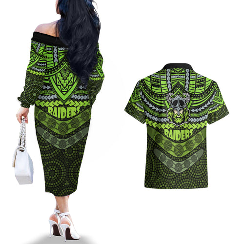 raiders-rugby-couples-matching-off-the-shoulder-long-sleeve-dress-and-hawaiian-shirt-polynesian-and-aboriginal-special-version