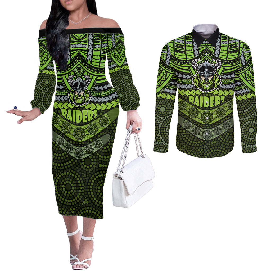 raiders-rugby-couples-matching-off-the-shoulder-long-sleeve-dress-and-long-sleeve-button-shirts-polynesian-and-aboriginal-special-version