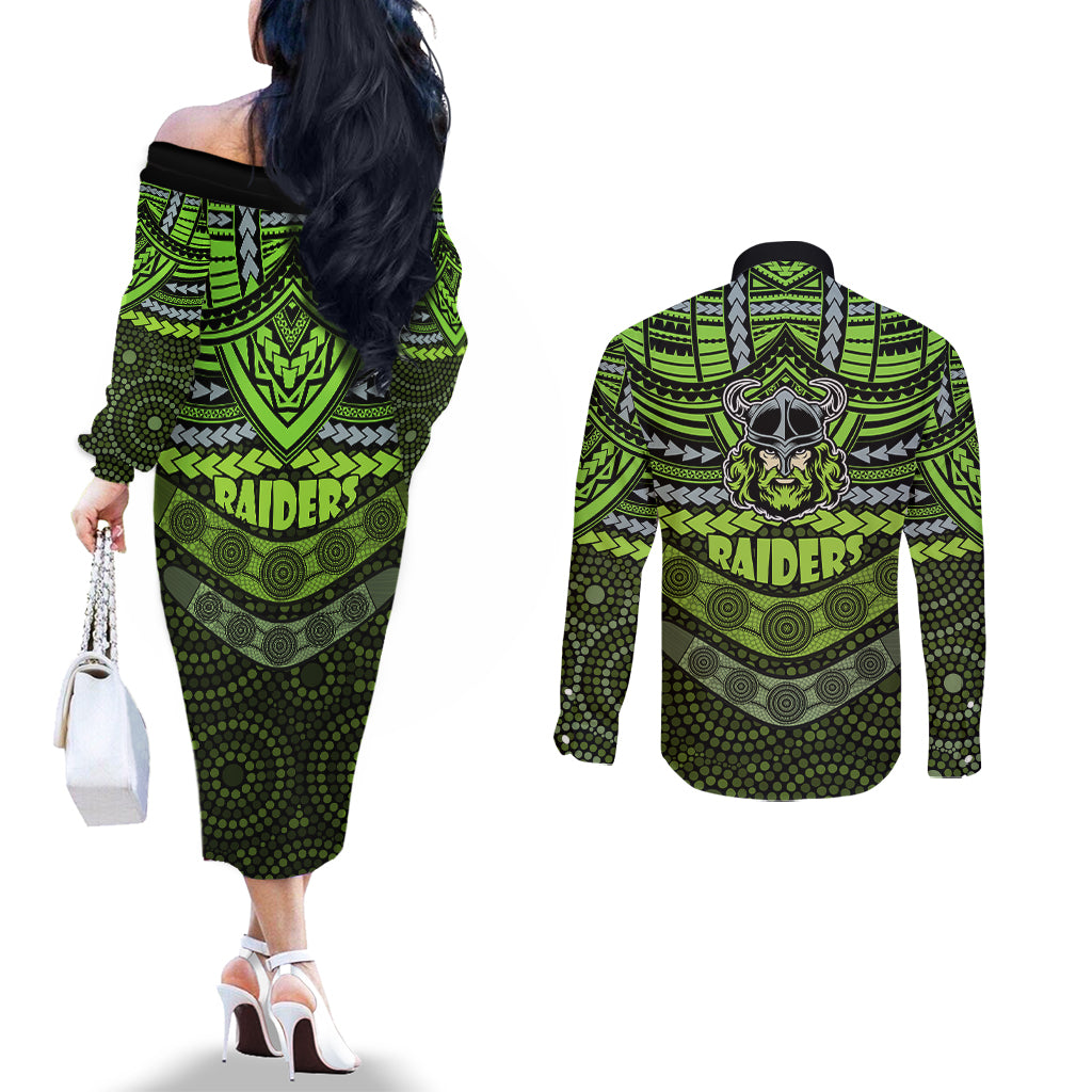 raiders-rugby-couples-matching-off-the-shoulder-long-sleeve-dress-and-long-sleeve-button-shirts-polynesian-and-aboriginal-special-version