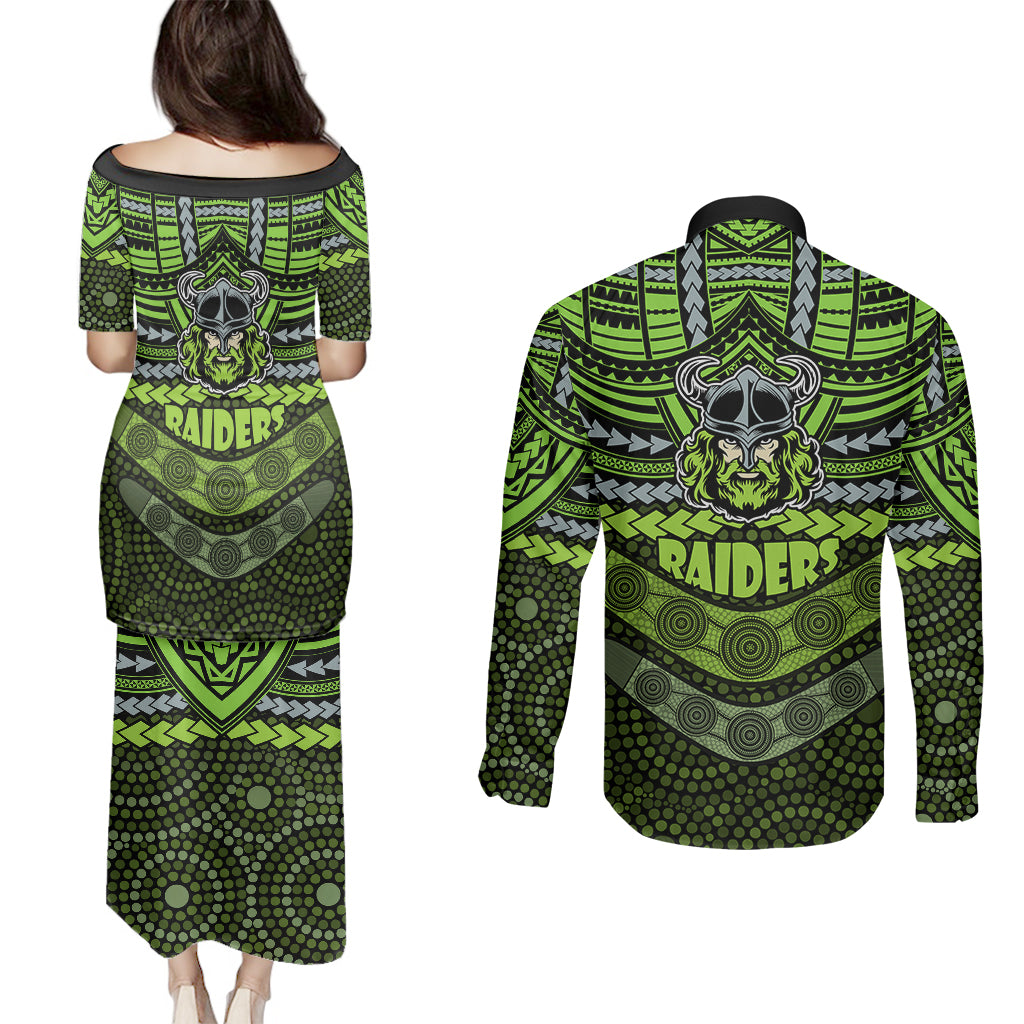 raiders-rugby-couples-matching-puletasi-dress-and-long-sleeve-button-shirts-polynesian-and-aboriginal-special-version