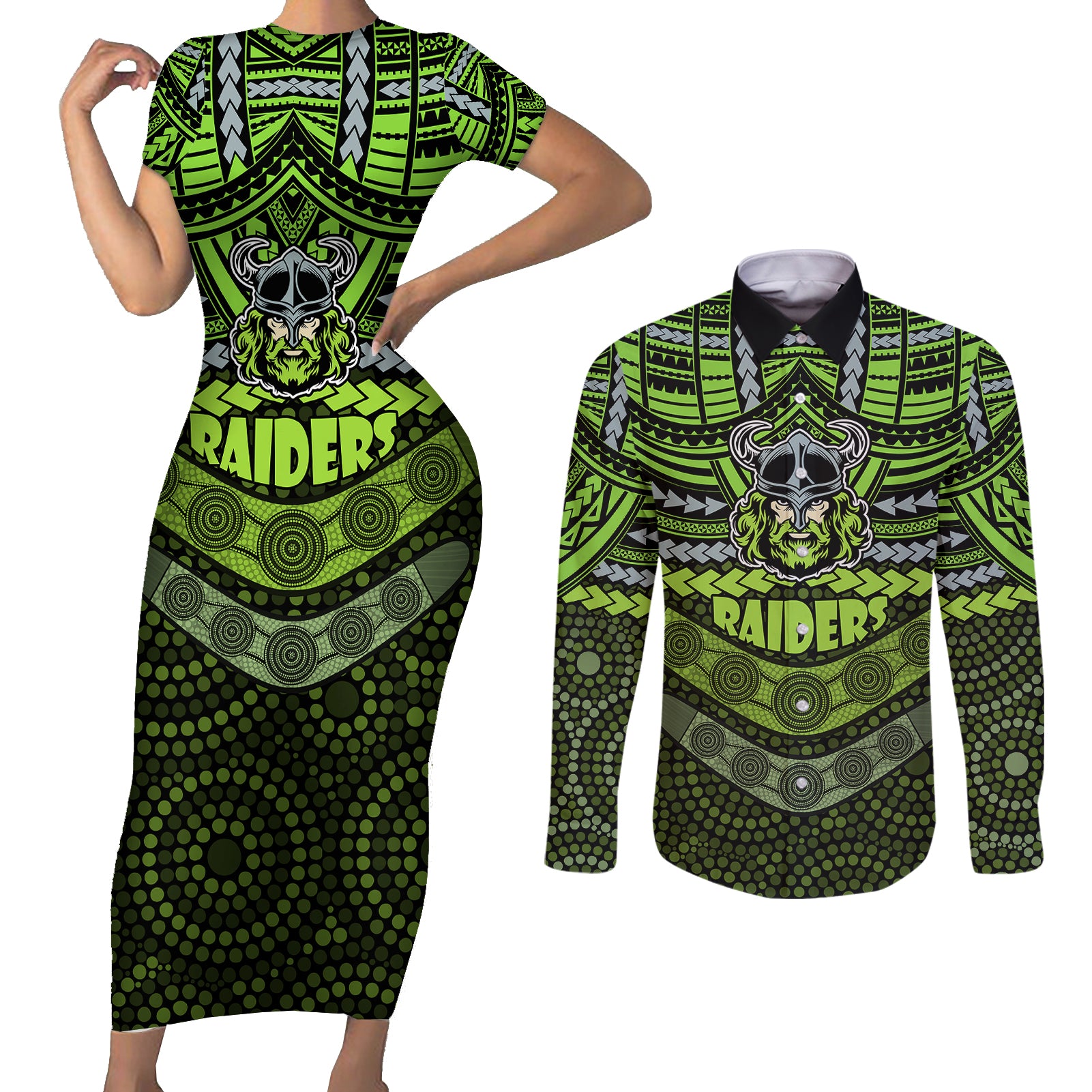 raiders-rugby-couples-matching-short-sleeve-bodycon-dress-and-long-sleeve-button-shirts-polynesian-and-aboriginal-special-version