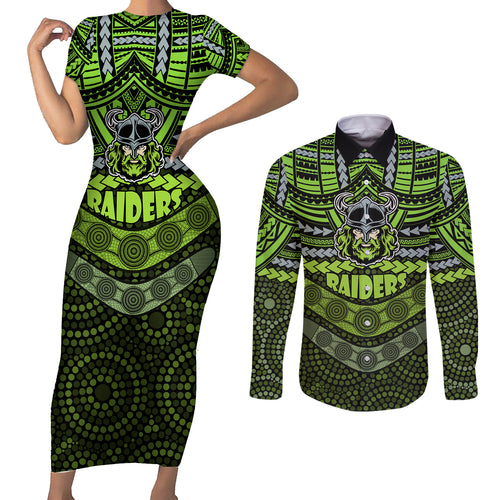 raiders-rugby-couples-matching-short-sleeve-bodycon-dress-and-long-sleeve-button-shirts-polynesian-and-aboriginal-special-version
