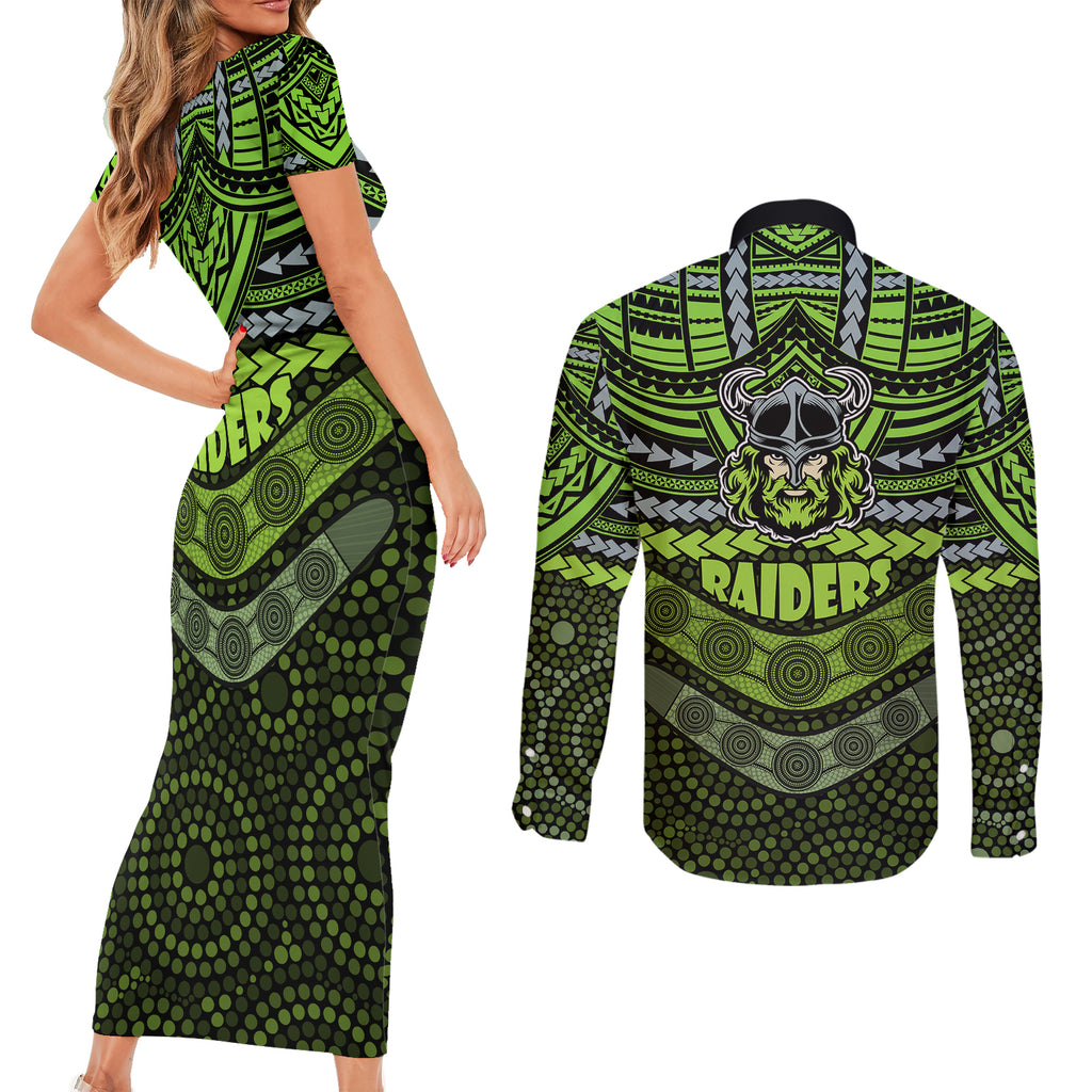 raiders-rugby-couples-matching-short-sleeve-bodycon-dress-and-long-sleeve-button-shirts-polynesian-and-aboriginal-special-version