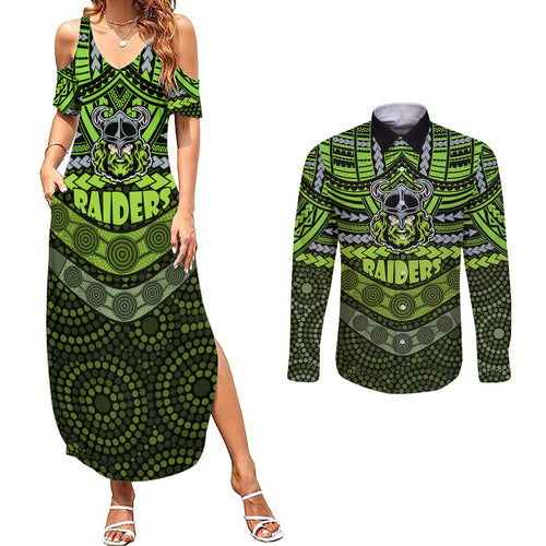 raiders-rugby-couples-matching-summer-maxi-dress-and-long-sleeve-button-shirts-polynesian-and-aboriginal-special-version