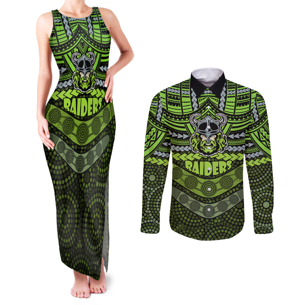 raiders-rugby-couples-matching-tank-maxi-dress-and-long-sleeve-button-shirts-polynesian-and-aboriginal-special-version