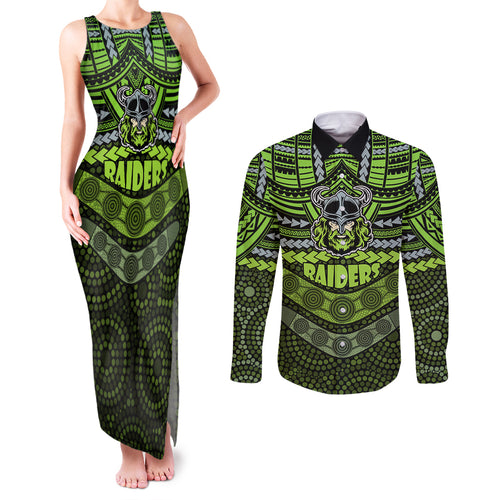 raiders-rugby-couples-matching-tank-maxi-dress-and-long-sleeve-button-shirts-polynesian-and-aboriginal-special-version