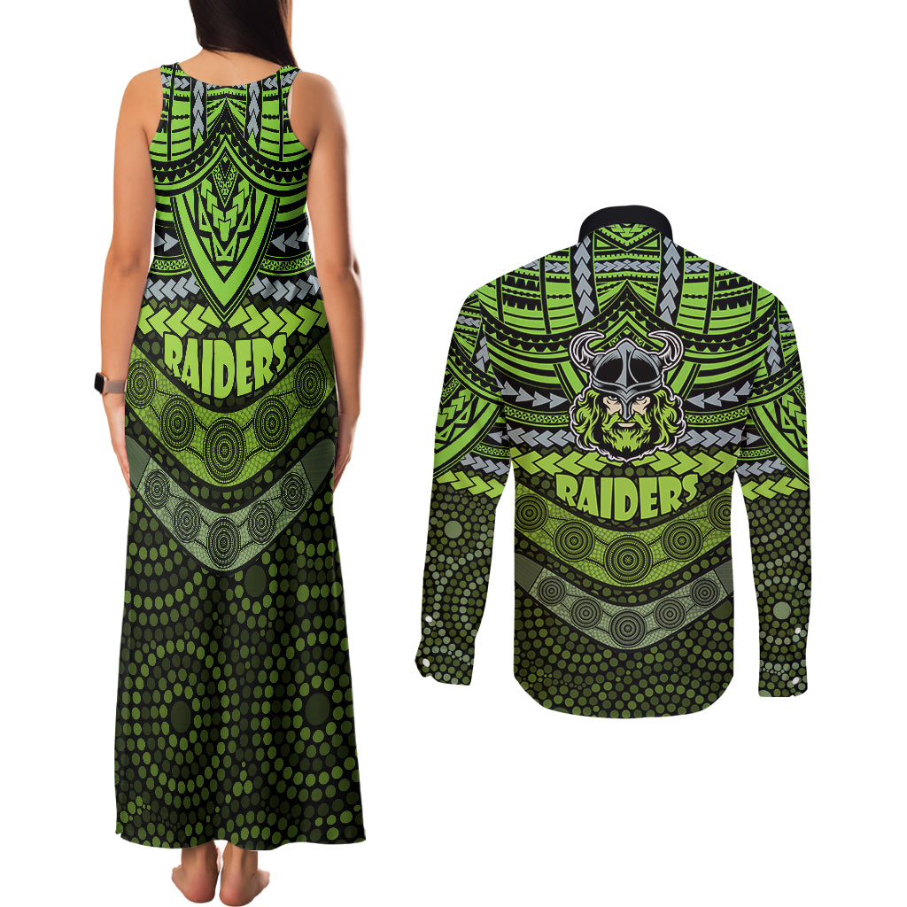 raiders-rugby-couples-matching-tank-maxi-dress-and-long-sleeve-button-shirts-polynesian-and-aboriginal-special-version