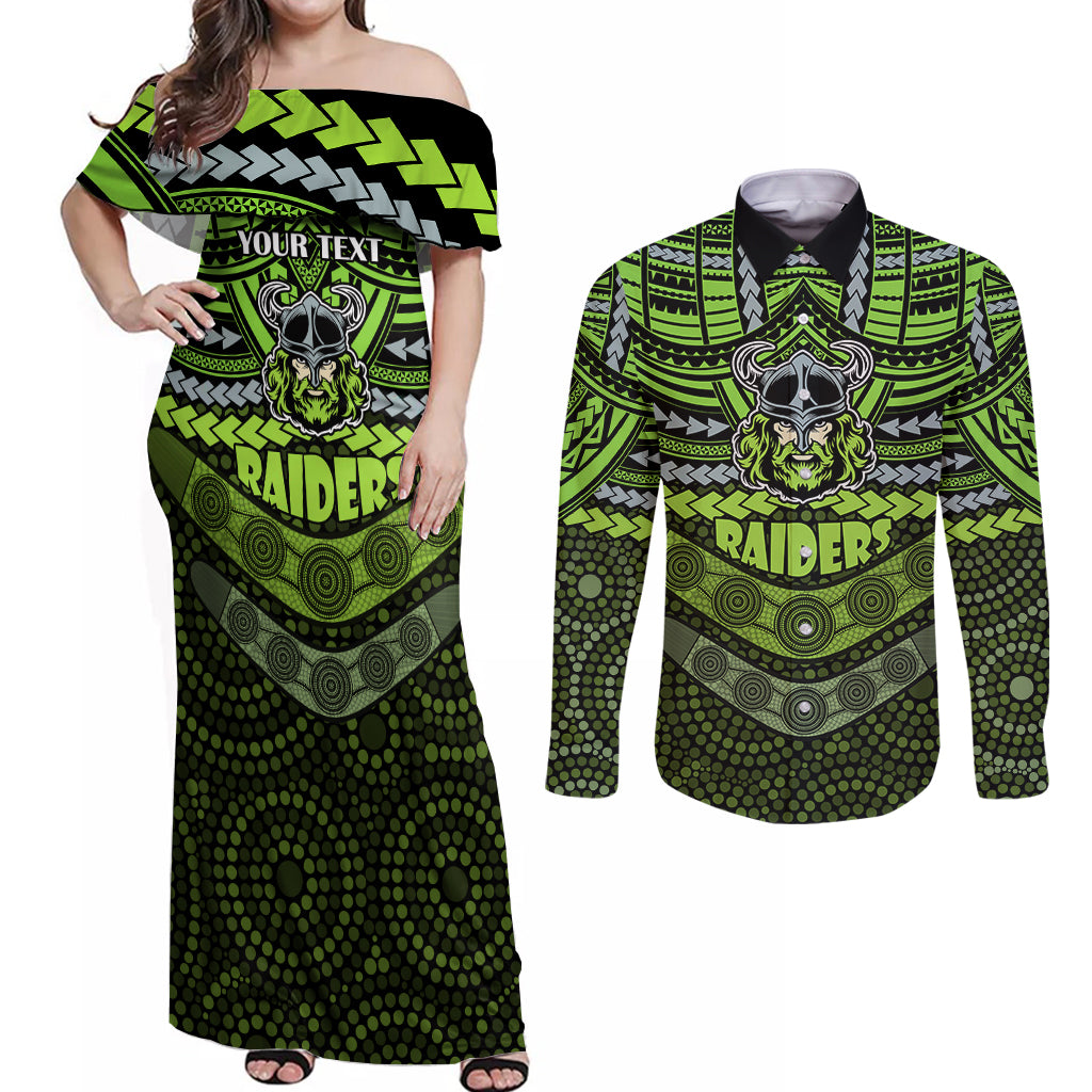 custom-raiders-rugby-couples-matching-off-shoulder-maxi-dress-and-long-sleeve-button-shirts-polynesian-and-aboriginal-special-version