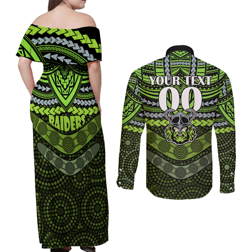 custom-raiders-rugby-couples-matching-off-shoulder-maxi-dress-and-long-sleeve-button-shirts-polynesian-and-aboriginal-special-version
