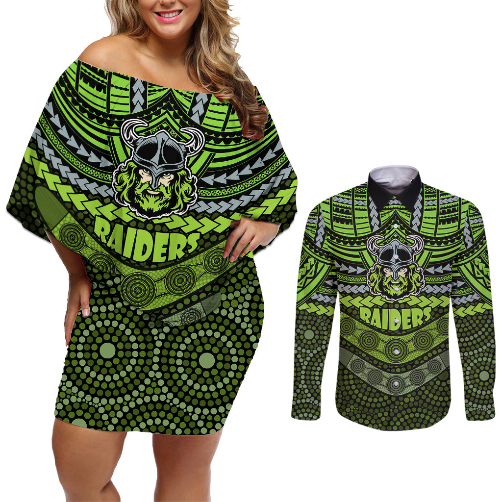 custom-raiders-rugby-couples-matching-off-shoulder-short-dress-and-long-sleeve-button-shirts-polynesian-and-aboriginal-special-version